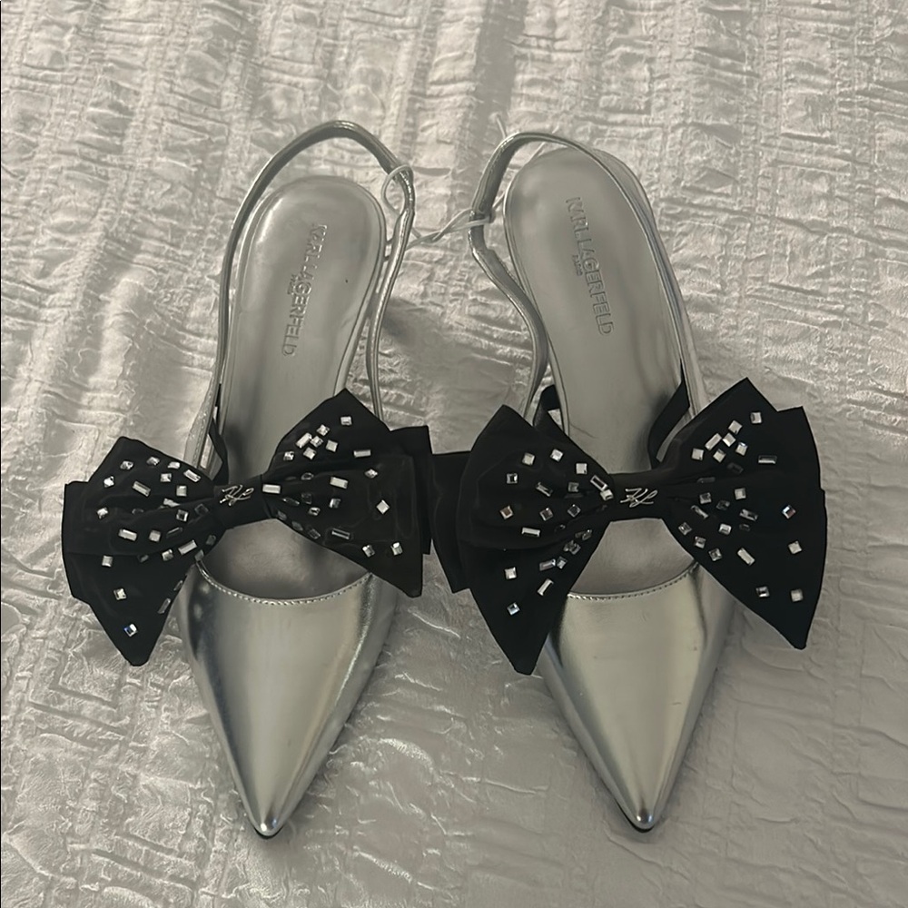 Karl Lagerfeld SkyLynn Silver Bow Slingback Pumps Women 9